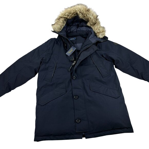 Polo Ralph Lauren Down Parka Coat Mens Size L Faux Fur-Trim Navy NWT - Picture 1 of 12